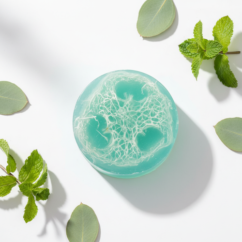 Lotus Rain teal loofah soap bar with eucalyptus leaves
