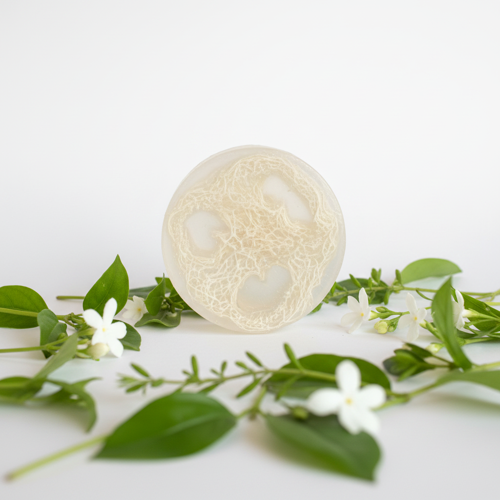 Hyacinth Garden white loofah soap bar with delicate white flowers