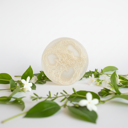 Hyacinth Garden white loofah soap bar with delicate white flowers