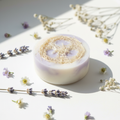 Lavender Dream white loofah soap bar with dried lavender sprigs and wildflowers