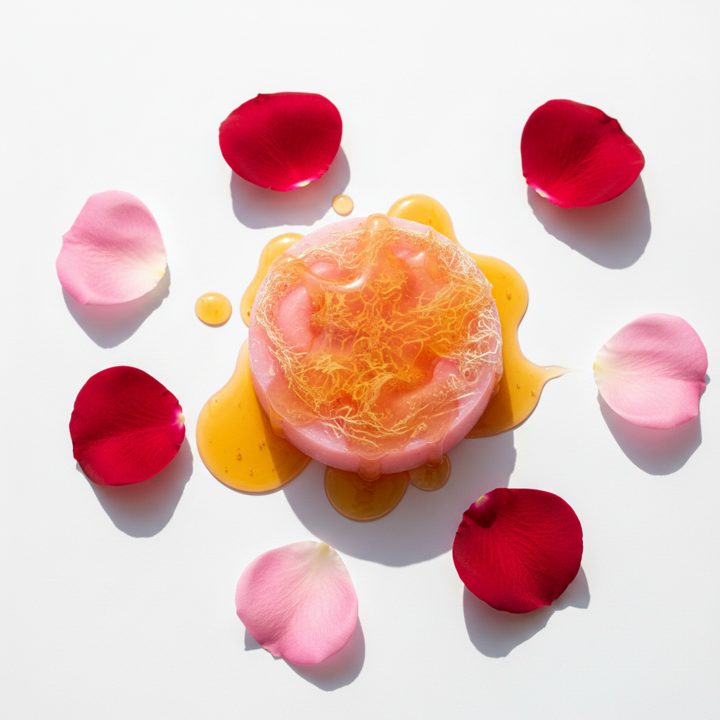 Rose and Honey Bliss pink loofah soap bar with rose petals and honey drizzle