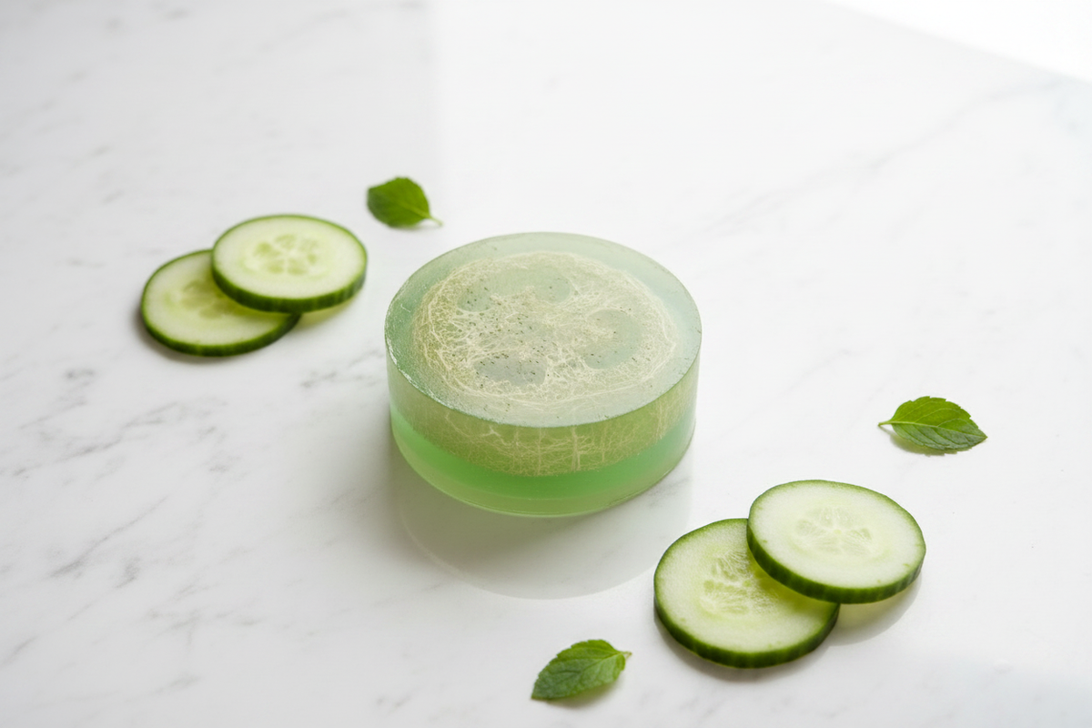 Cucumber Escape Loofah Soap - green round soap bar with natural loofah fibers