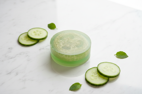 Cucumber Escape Loofah Soap - green round soap bar with natural loofah fibers