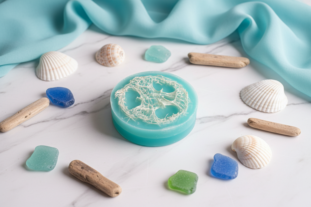Ocean Breeze Loofah Soap - teal round soap bar with natural loofah fibers and coastal styling